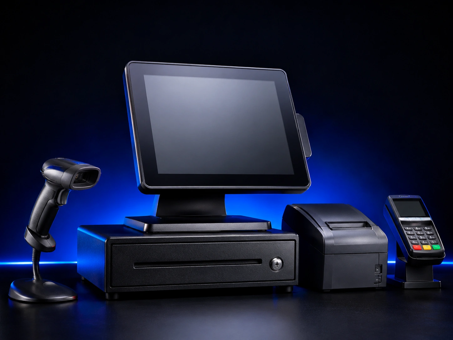 Conjunto de equipamentos de PDV com monitor, leitor, impressora e pin pad